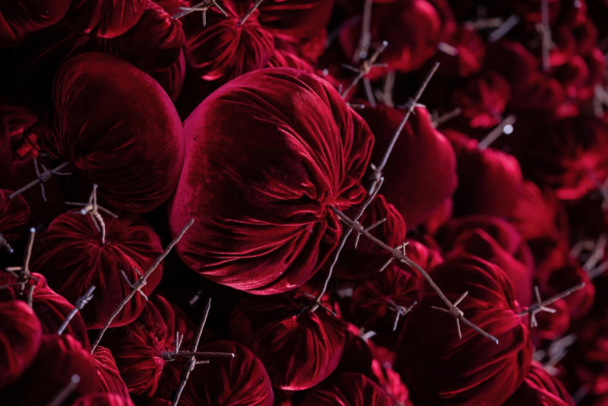 Gathering
site specific installation
Tatton Park Mansion 2019
silk velvet, reclaimed military barbed wire
Susie MacMurray has an uncanny knack of going to the heart of the matter. Her work is somehow immediately evocative, reeling in the viewer to contemplate a sense of place, a feeling of loss, and a desire to touch. Her unusual combinations of materials and subject matter, in site-specific installations, are always intriguing and poetic. They provoke an interaction with the viewer, which draws on both physical and cultural associations.
In 'Gathering,' designed specifically to hang from the circular piercing under the rotunda of the staircase hall at Tatton Park, MacMurray returns to her constant theme of the ephemeral nature of life. To create this installation, she has worked regularly with small groups of volunteers, to hand sew tiny, luxurious, red velvet, ball-like elements, which she has then assembled to cascade in different configurations from the edge of the opening. The overall effect is of an eerie, dripping canopy of red velvet Spanish moss.
The luxury and softness of the deep red silk velvet, is impaled by protruding lengths of barbed wire, used by the MoD to train soldiers going to the Falklands, Kosovo and Afghanistan. The use of a material associated with conflict can be read as alluding to the narrative of cancer as a battle. This bringing together of such diametrically opposed materials lies at the core of MacMurray's approach. She enjoys "the conversations between not always expected combinations of materials, or materials in contexts in which you are not expecting to see them." Such juxtapositions are simultaneously appealing and disturbing. MacMurray works with and through materials, using them as a way of thinking about and expressing more conceptual ideas.
MacMurray is no stranger to loss; her husband died very young and very rapidly of cancer. In 'Gathering,' she examines this experience. The red silk she perceives as sensual, positive, bodily and precious, expressing love and desire and the living of life to the full. Yet the velvet impaled by the barbed wire is strangely beautiful and evocative. "Your life," she explains, "gets pierced by this sudden ordeal." The hospice helps by gathering people in its fold. Indeed many of the volunteers involved in the making of 'Gathering,' have been helped by the Hospice in this enfolding, supportive way, which MacMurray expresses in the gathering together of the red velvet elements.
MacMurray uses all manner of unlikely objects from rubber tubing, to barbed wire, to hair and wax, via a range of textiles and cords, combining them in strange assortments, to make them things of beauty and resonance. Her work is both solid and ethereal. She looks at the ephemeral nature of life. At life and loss, the soft, imperfect, human body that despite its imperfections is so glorious. She entices the visitor into contemplating the fragility of life, but also its joys.
Corrine Julius
June 2019
Susie MacMurray was invited to create this work to both celebrate and highlight the 20th anniversary of the Art Fair, which was established in 1999 to raise funds for the East Cheshire Hospice.
To purchase a piece of Gathering visit <a href='https://www.gatheringattatton.com/store'>gatheringattatton</a>
All funds raised go to East Cheshire Hospice.