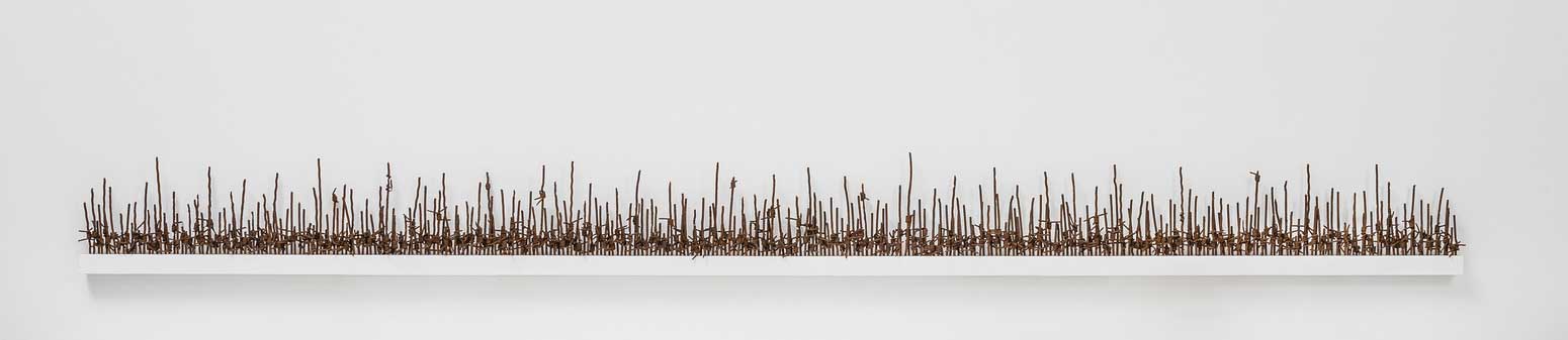 Hold the Line; reclaimed military barbed wire, painted MDF, wall mounted; 2016 Hold the Line; reclaimed military barbed wire, painted MDF, wall mounted; 2016