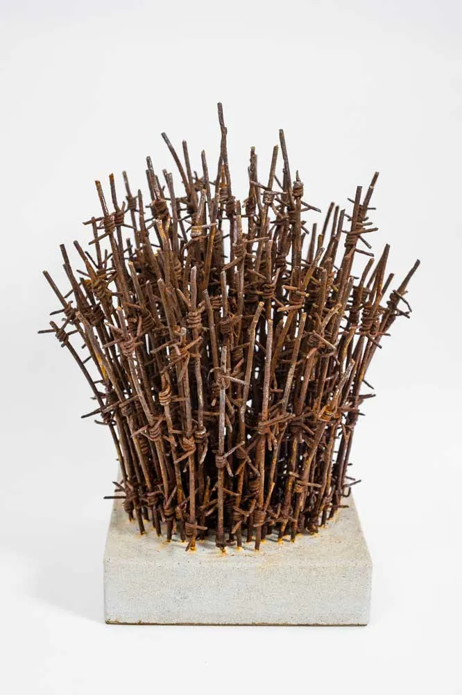 Snares of Enemies; reclaimed military barbed wire, composite portland stone; 2016 Snares of Enemies; reclaimed military barbed wire, composite portland stone; 2016