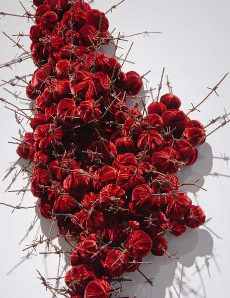 Strange Fruit 2017; 70cm x 140cm x 28cm; reclaimed military barbed wire, silk velvet Strange Fruit 2017; 70cm x 140cm x 28cm; reclaimed military barbed wire, silk velvet