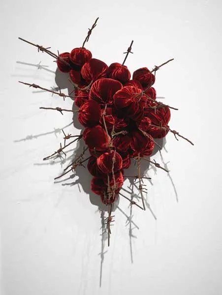 Strange Fruit 2017; 70cm x 140cm x 28cm; reclaimed military barbed wire, silk velvet Strange Fruit 2017; 70cm x 140cm x 28cm; reclaimed military barbed wire, silk velvet